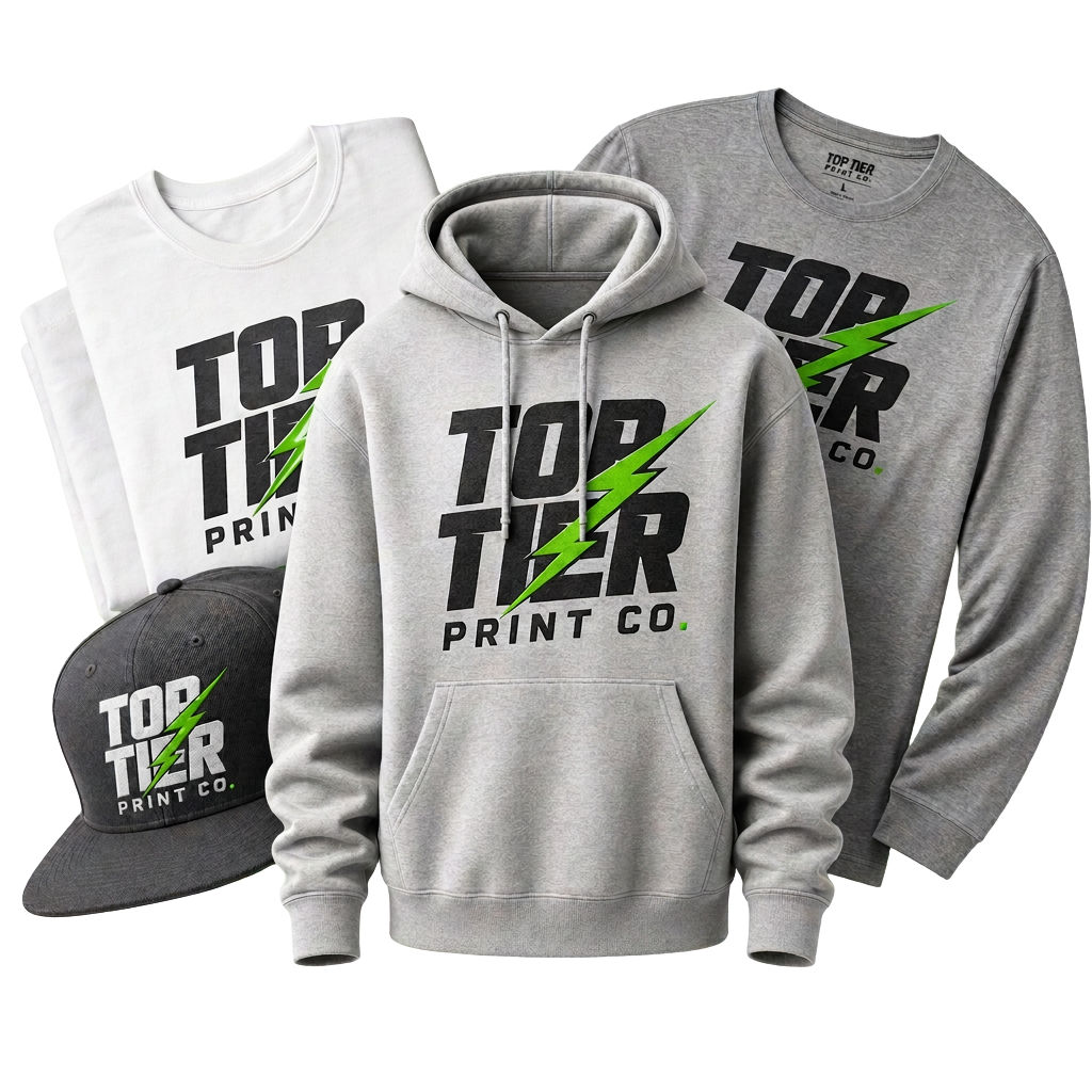 Top-Tier Print Co. branded hoodie, tees, and cap