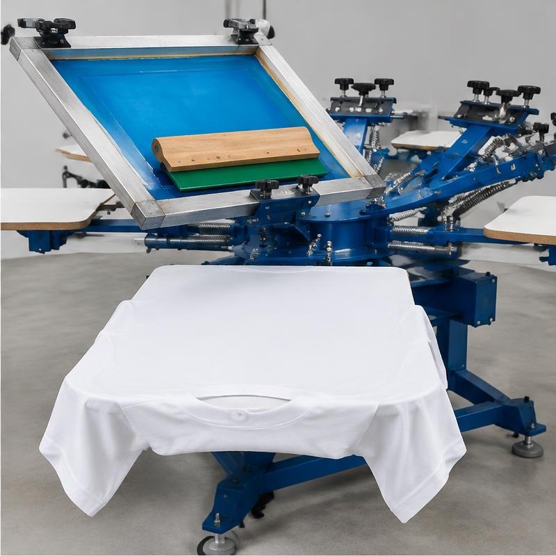 Screen printing carousel with a blank white shirt