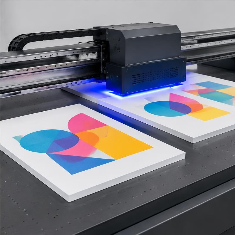 UV flatbed printer printing colorful shapes on rigid boards